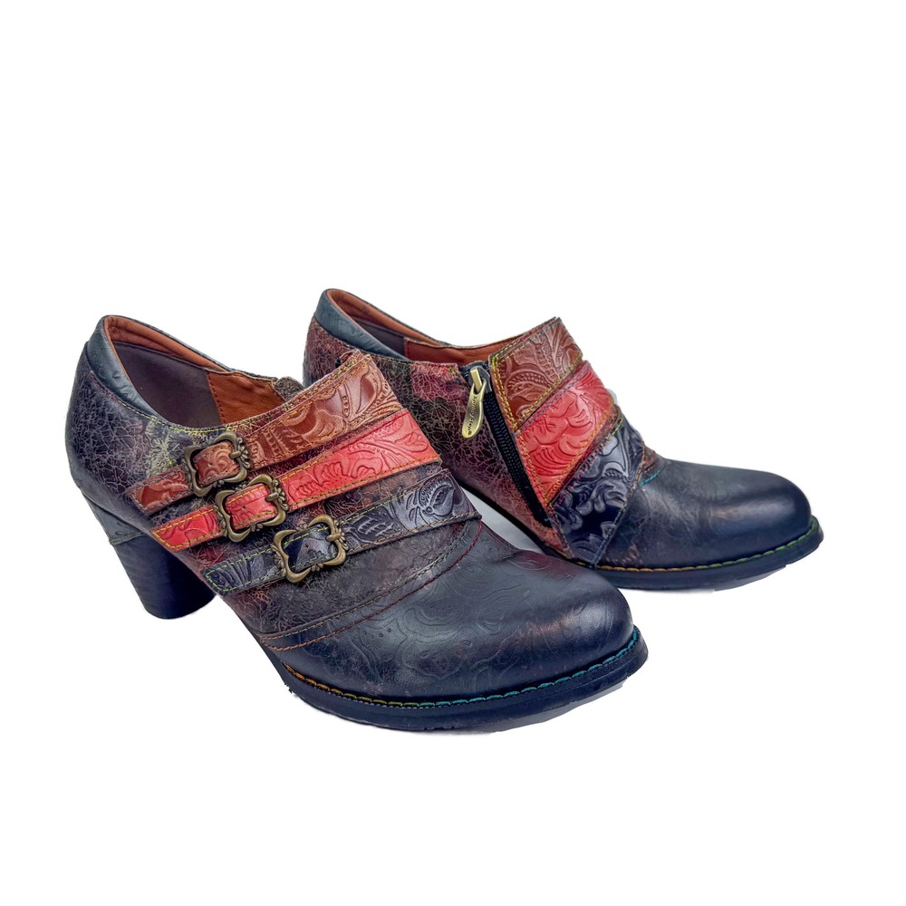 L'Artiste Spring Step Floral Embossed Leather Multi Color Buckle Shooties Boots
